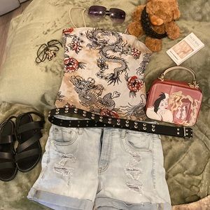 🩷 Dragon Spaghetti Strap Tank Top With Highrise Curvy Midi Blue Jean Shorts 🐉